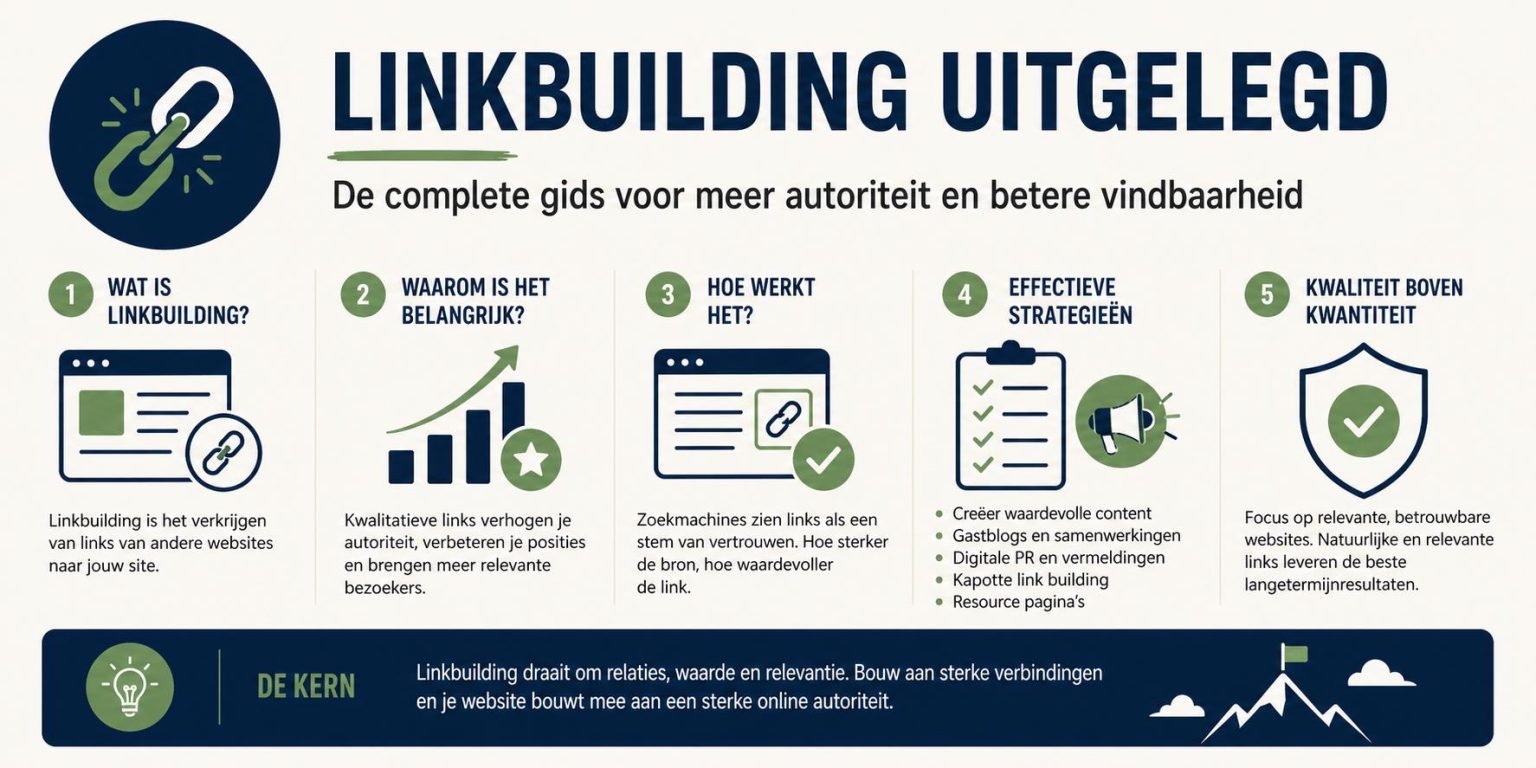 Linkbuilding uitgelegd - infographic met stappen voor het opbouwen van relevante backlinks en het verbeteren van SEO-prestati